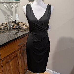 NWT London Times Black V-Neck Bodycon Dress Faux Wrap Draped Sexy Cocktail Sz 4